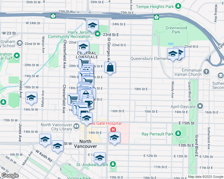 map of restaurants, bars, coffee shops, grocery stores, and more near 205 18th Street East in North Vancouver