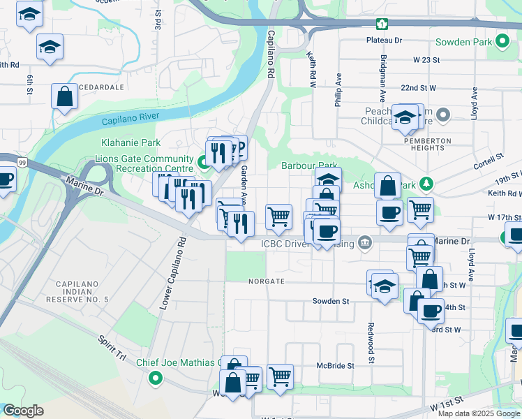 map of restaurants, bars, coffee shops, grocery stores, and more near 1709 Tatlow Avenue in North Vancouver