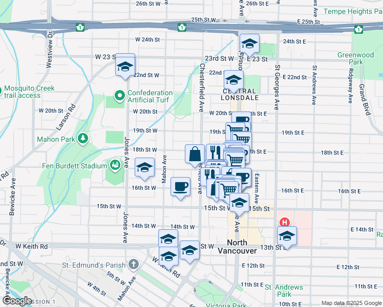 map of restaurants, bars, coffee shops, grocery stores, and more near 215 18th Street West in North Vancouver