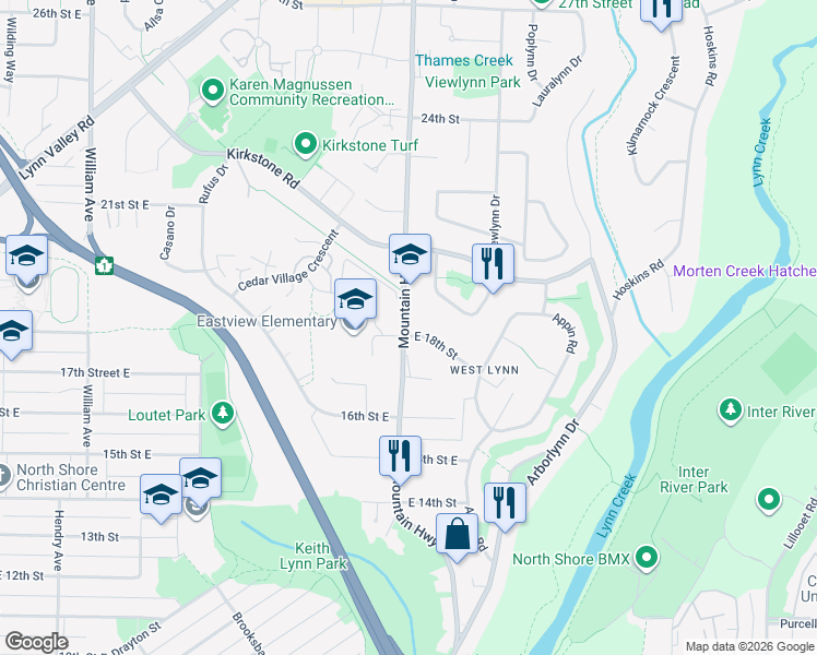 map of restaurants, bars, coffee shops, grocery stores, and more near 1840 Mountain Highway in North Vancouver