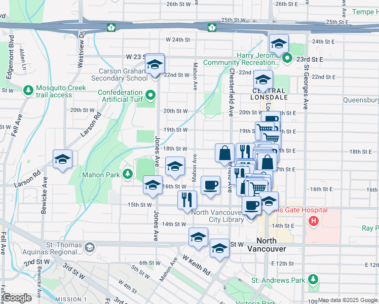 map of restaurants, bars, coffee shops, grocery stores, and more near 309 18th Street West in North Vancouver