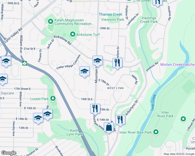 map of restaurants, bars, coffee shops, grocery stores, and more near 1840 Mountain Highway in North Vancouver