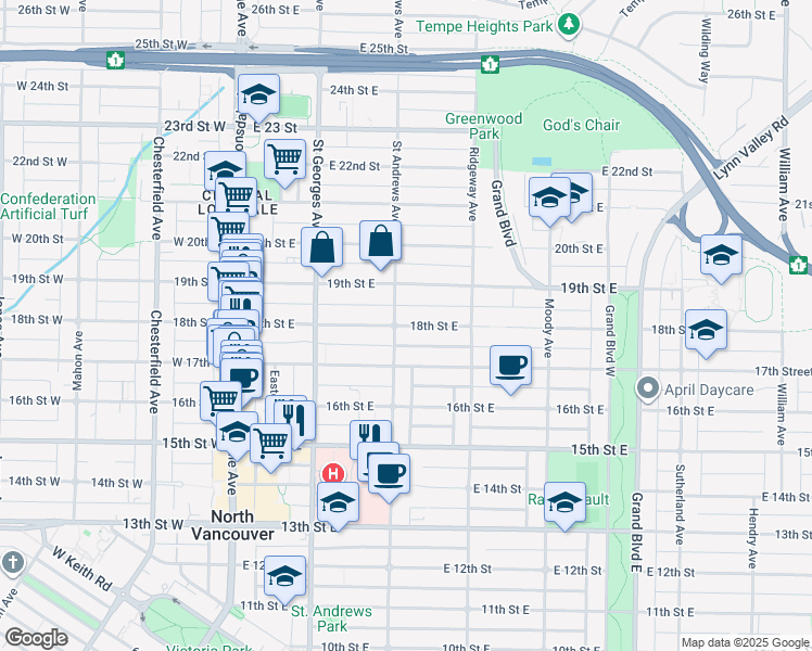 map of restaurants, bars, coffee shops, grocery stores, and more near 18th Street East in North Vancouver