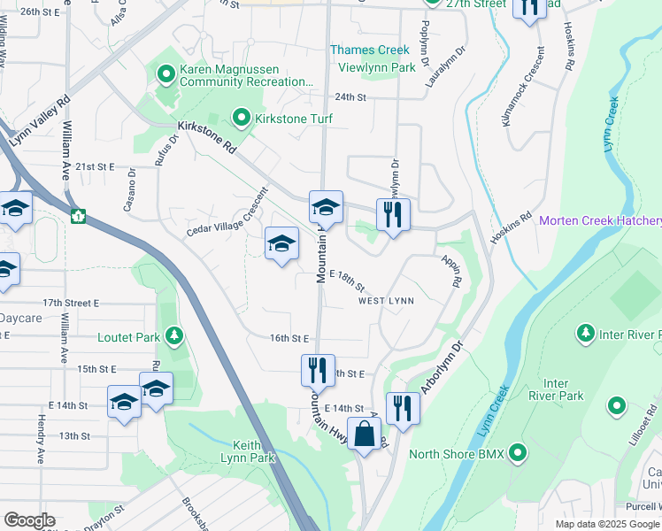map of restaurants, bars, coffee shops, grocery stores, and more near 1320 East 18th Street in North Vancouver
