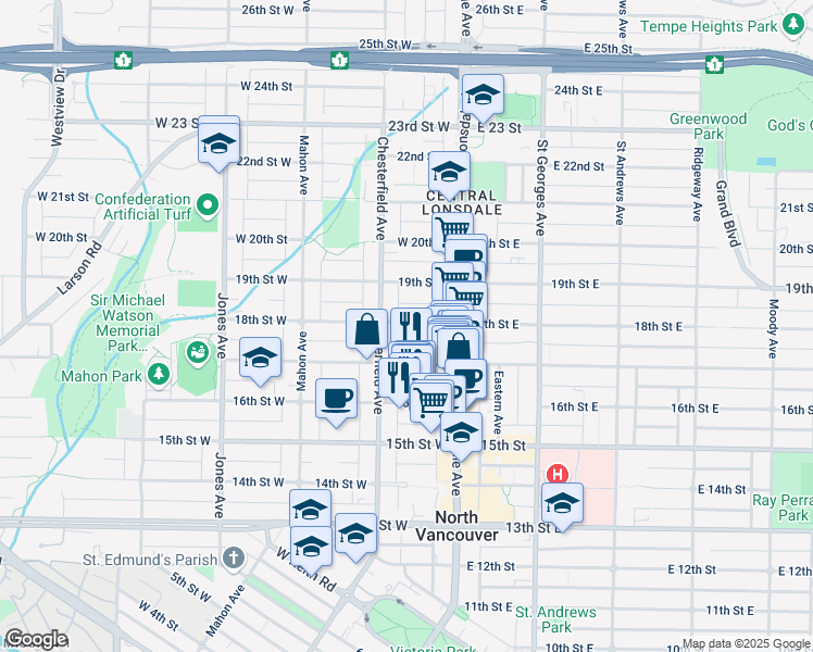 map of restaurants, bars, coffee shops, grocery stores, and more near 145 18th Street West in North Vancouver