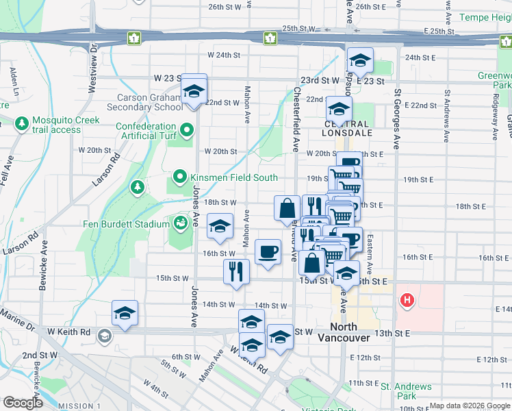 map of restaurants, bars, coffee shops, grocery stores, and more near in North Vancouver