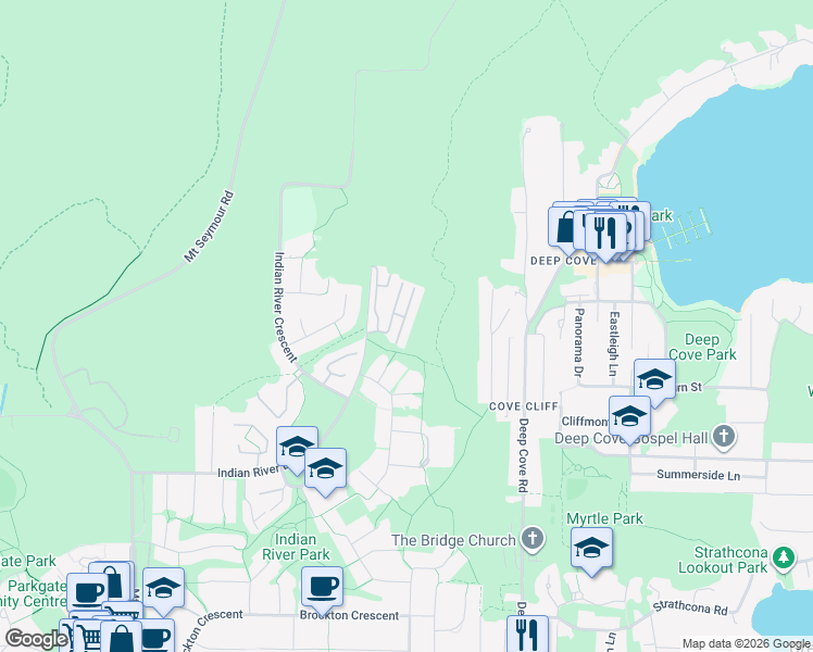 map of restaurants, bars, coffee shops, grocery stores, and more near 4055 Indian River Drive in North Vancouver