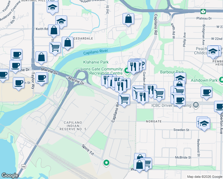 map of restaurants, bars, coffee shops, grocery stores, and more near 2050 Marine Drive in North Vancouver