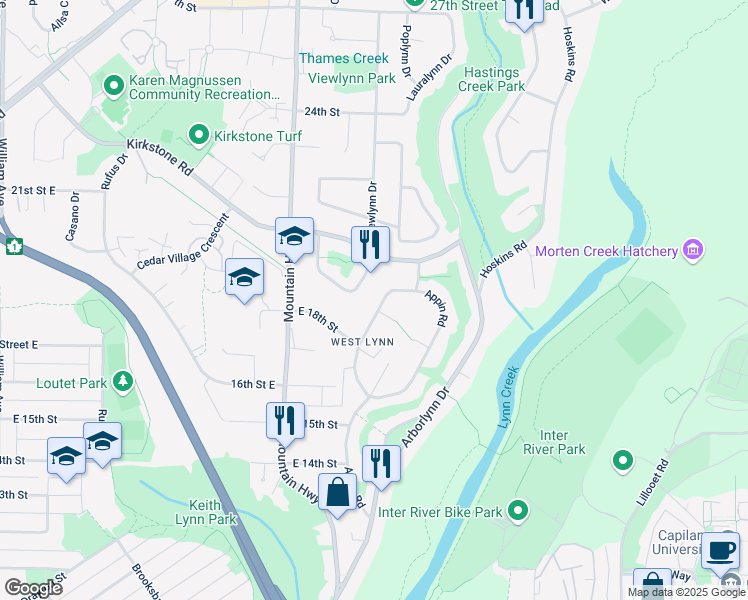 map of restaurants, bars, coffee shops, grocery stores, and more near 1889 Alderlynn Drive in North Vancouver