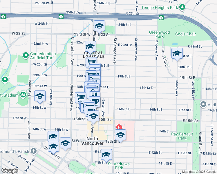 map of restaurants, bars, coffee shops, grocery stores, and more near 141 18th Street East in North Vancouver