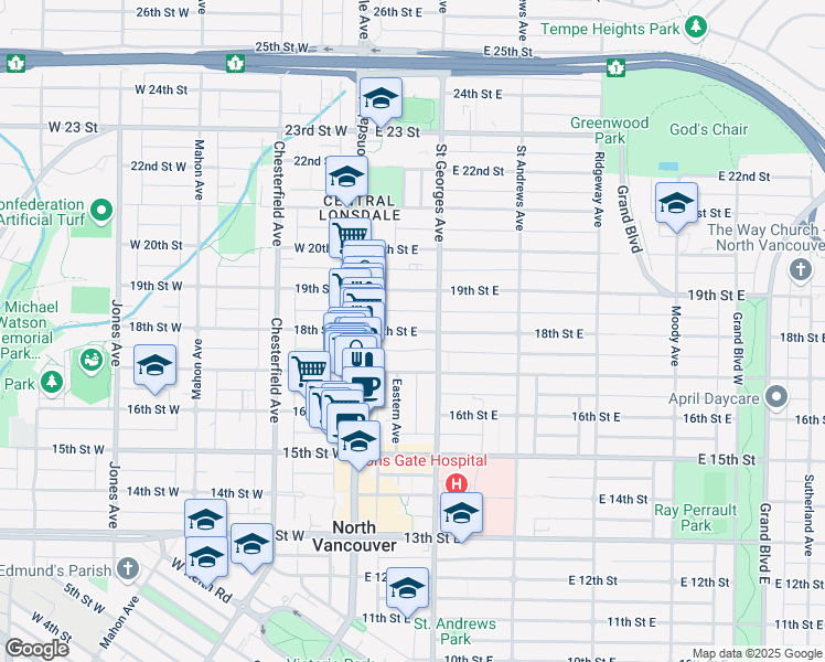 map of restaurants, bars, coffee shops, grocery stores, and more near in North Vancouver