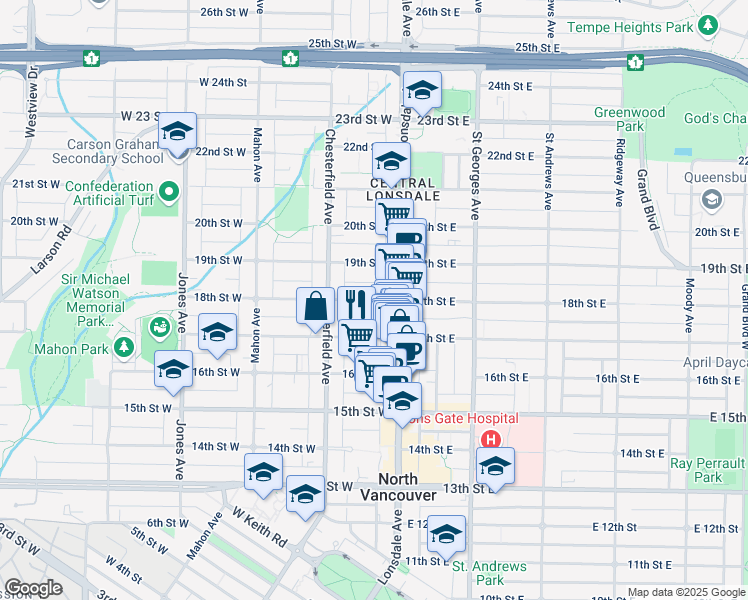 map of restaurants, bars, coffee shops, grocery stores, and more near in Vancouver