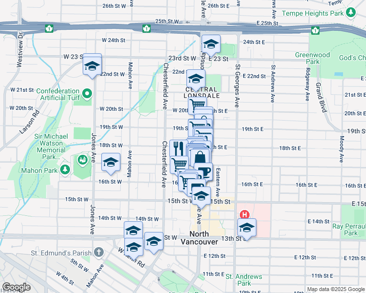 map of restaurants, bars, coffee shops, grocery stores, and more near in Vancouver
