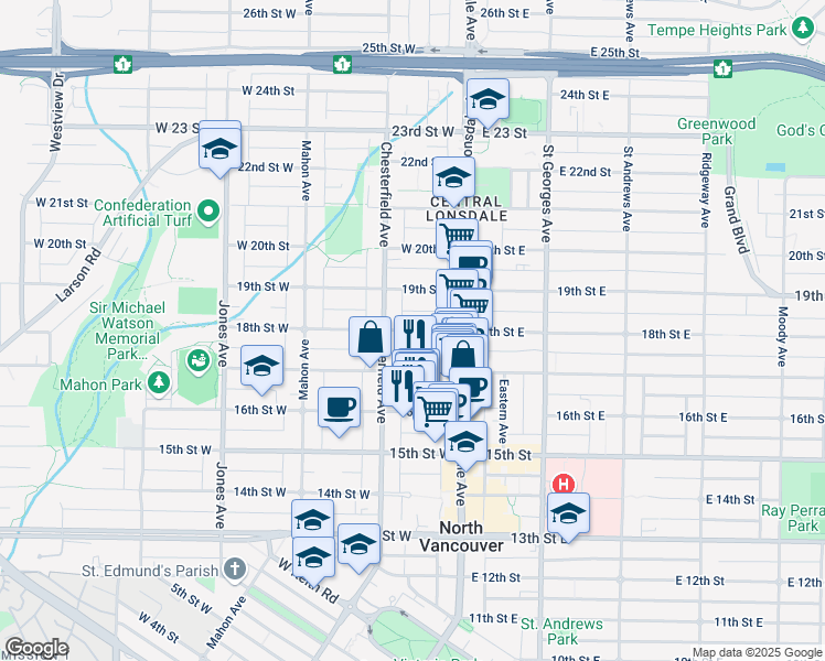 map of restaurants, bars, coffee shops, grocery stores, and more near 244 18th Street West in North Vancouver