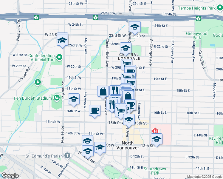 map of restaurants, bars, coffee shops, grocery stores, and more near 138 18th Street West in North Vancouver