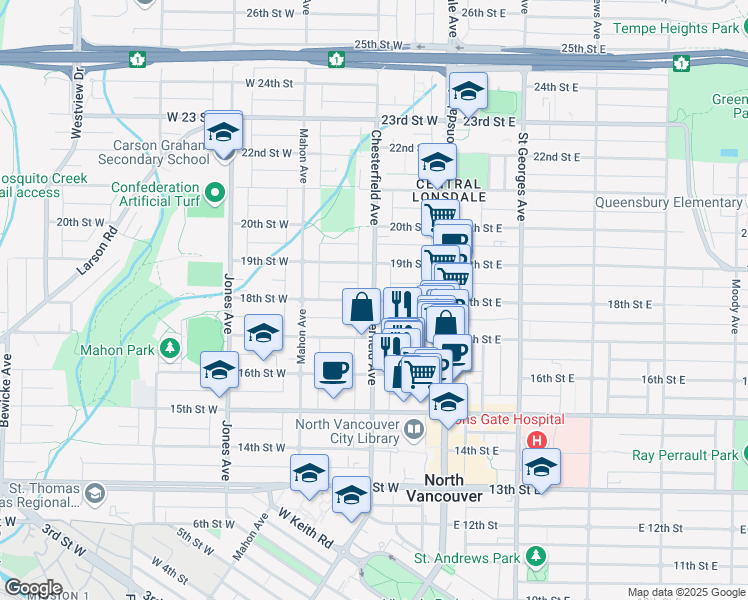 map of restaurants, bars, coffee shops, grocery stores, and more near 150 West 18th Avenue in Vancouver