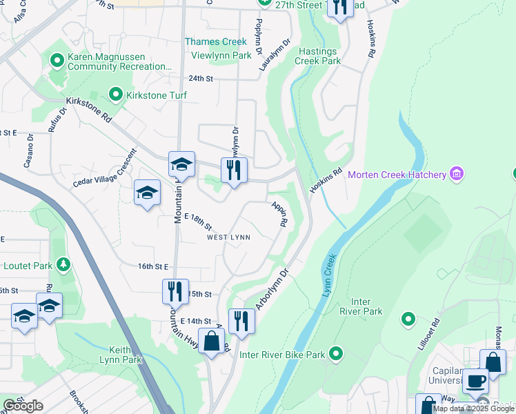 map of restaurants, bars, coffee shops, grocery stores, and more near 1950 Alderlynn Drive in North Vancouver