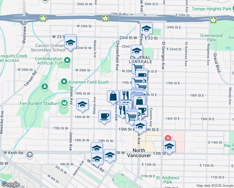map of restaurants, bars, coffee shops, grocery stores, and more near Chesterfield Avenue in North Vancouver