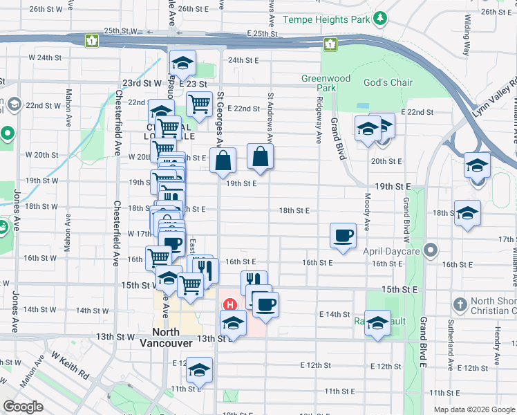 map of restaurants, bars, coffee shops, grocery stores, and more near 254 18th Street East in North Vancouver