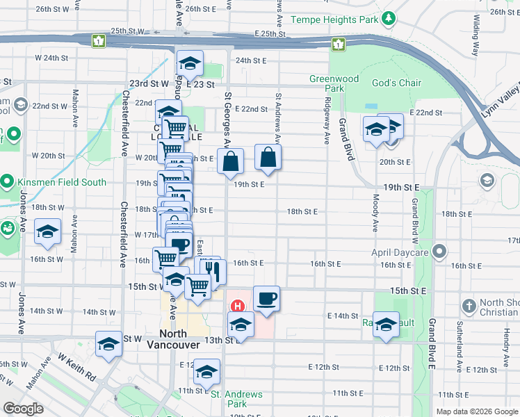 map of restaurants, bars, coffee shops, grocery stores, and more near 244 East 18th Avenue in Vancouver