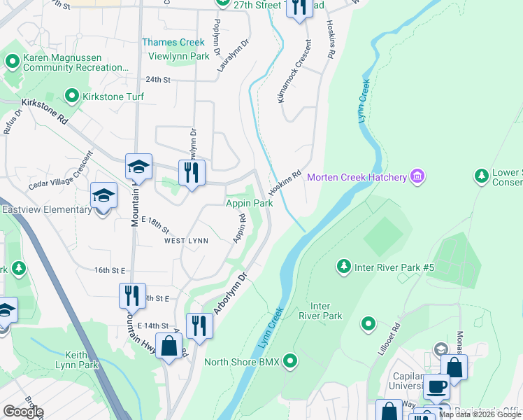 map of restaurants, bars, coffee shops, grocery stores, and more near 1835 Arborlynn Drive in North Vancouver