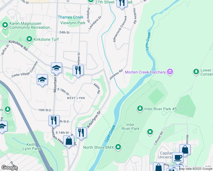 map of restaurants, bars, coffee shops, grocery stores, and more near 1835 Arborlynn Drive in North Vancouver