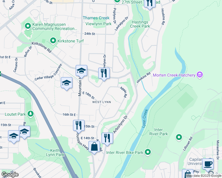 map of restaurants, bars, coffee shops, grocery stores, and more near 1923 Alderlynn Drive in North Vancouver