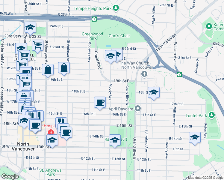 map of restaurants, bars, coffee shops, grocery stores, and more near 502 East 18th Avenue in Vancouver