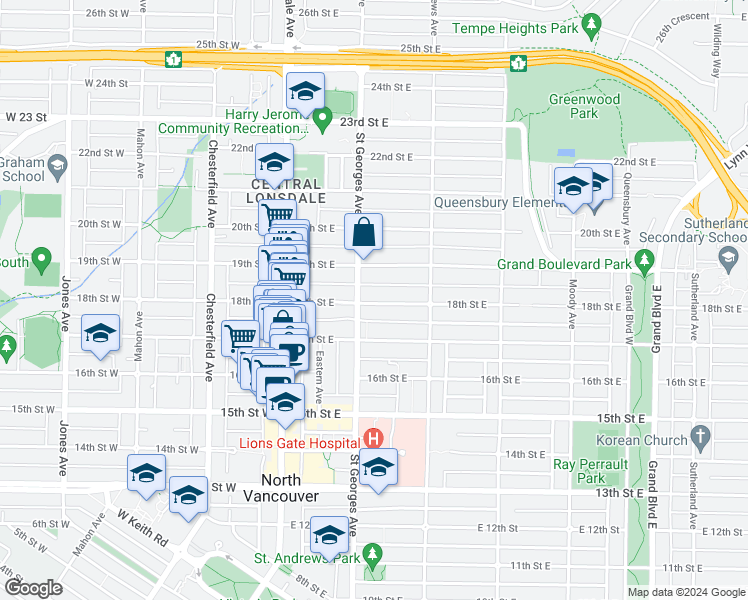 map of restaurants, bars, coffee shops, grocery stores, and more near 212 18th Street East in North Vancouver
