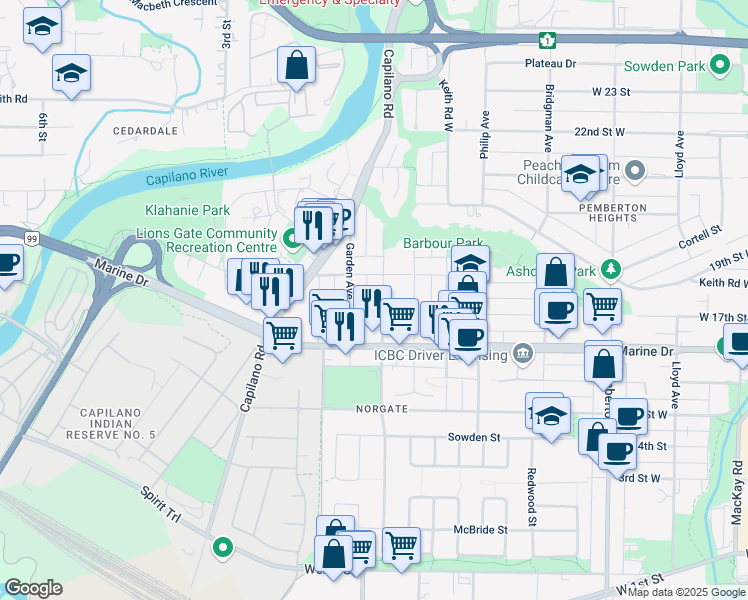 map of restaurants, bars, coffee shops, grocery stores, and more near 1717 Tatlow Avenue in North Vancouver