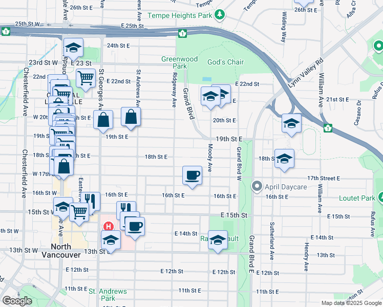 map of restaurants, bars, coffee shops, grocery stores, and more near 408 18th Street East in North Vancouver