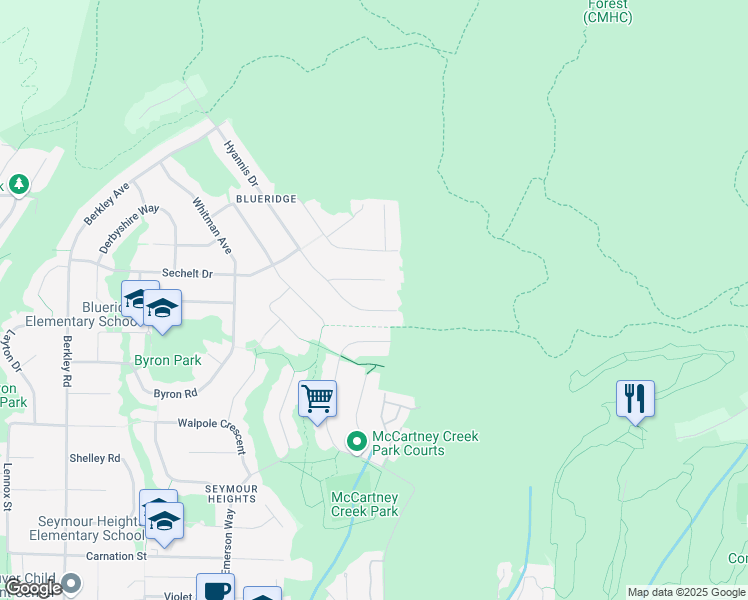 map of restaurants, bars, coffee shops, grocery stores, and more near 1960 Hyannis Drive in North Vancouver
