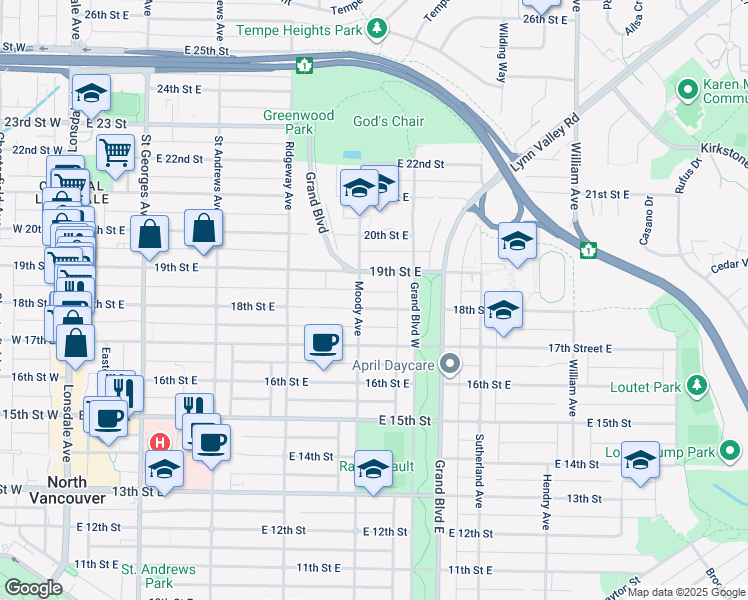 map of restaurants, bars, coffee shops, grocery stores, and more near 512 18th Street East in North Vancouver