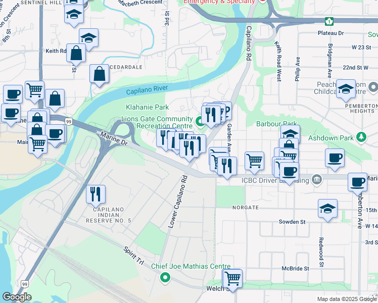 map of restaurants, bars, coffee shops, grocery stores, and more near 1675 Lions Gate Lane in North Vancouver