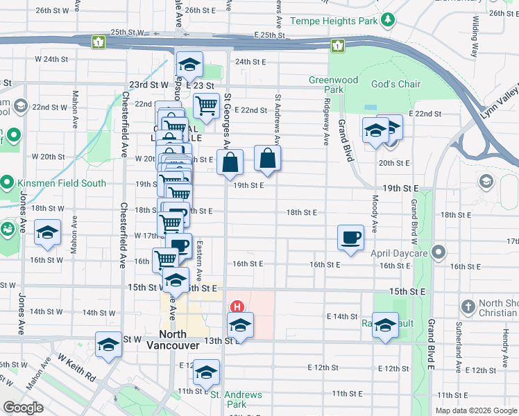 map of restaurants, bars, coffee shops, grocery stores, and more near 244 18th Street East in North Vancouver