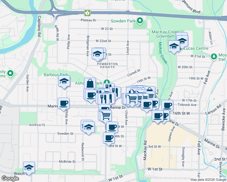 map of restaurants, bars, coffee shops, grocery stores, and more near 1181 Keith Road West in North Vancouver