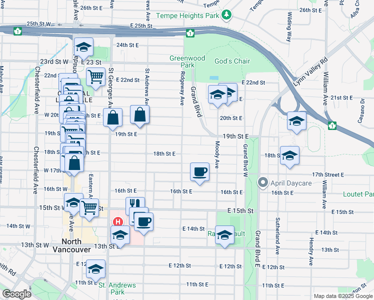 map of restaurants, bars, coffee shops, grocery stores, and more near 408 18th Street East in North Vancouver