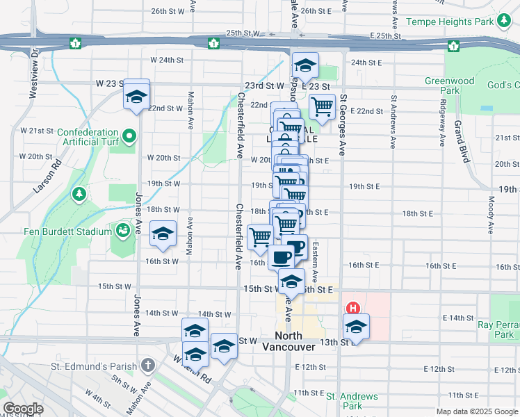 map of restaurants, bars, coffee shops, grocery stores, and more near 138 18th Street West in North Vancouver