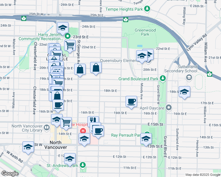 map of restaurants, bars, coffee shops, grocery stores, and more near 334 18th Street East in North Vancouver