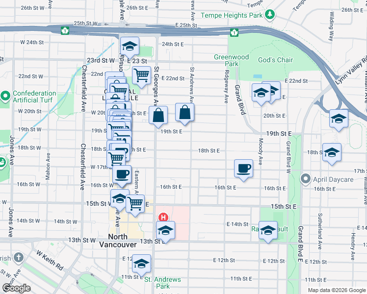 map of restaurants, bars, coffee shops, grocery stores, and more near 254 18th Street East in North Vancouver