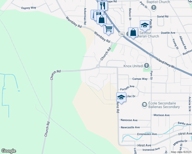 map of restaurants, bars, coffee shops, grocery stores, and more near Ridgefield Drive in Parksville