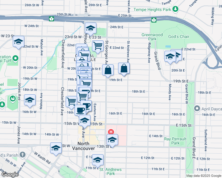 map of restaurants, bars, coffee shops, grocery stores, and more near 212 18th Street East in North Vancouver