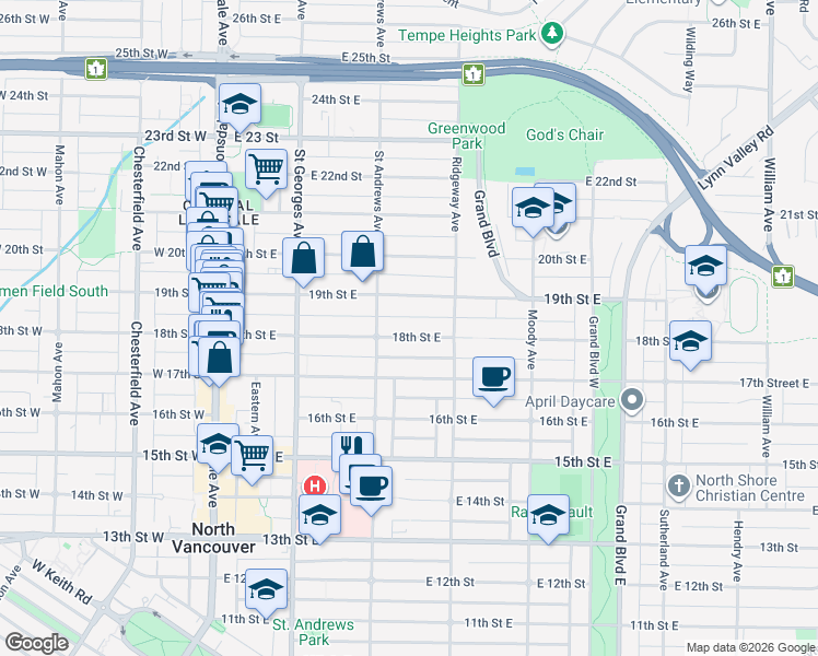 map of restaurants, bars, coffee shops, grocery stores, and more near 328 18th Street East in North Vancouver