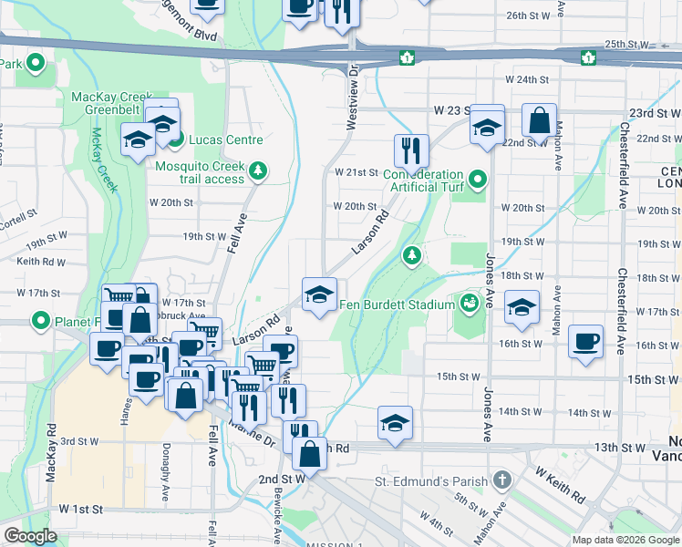 map of restaurants, bars, coffee shops, grocery stores, and more near 1816 Larson Road in North Vancouver