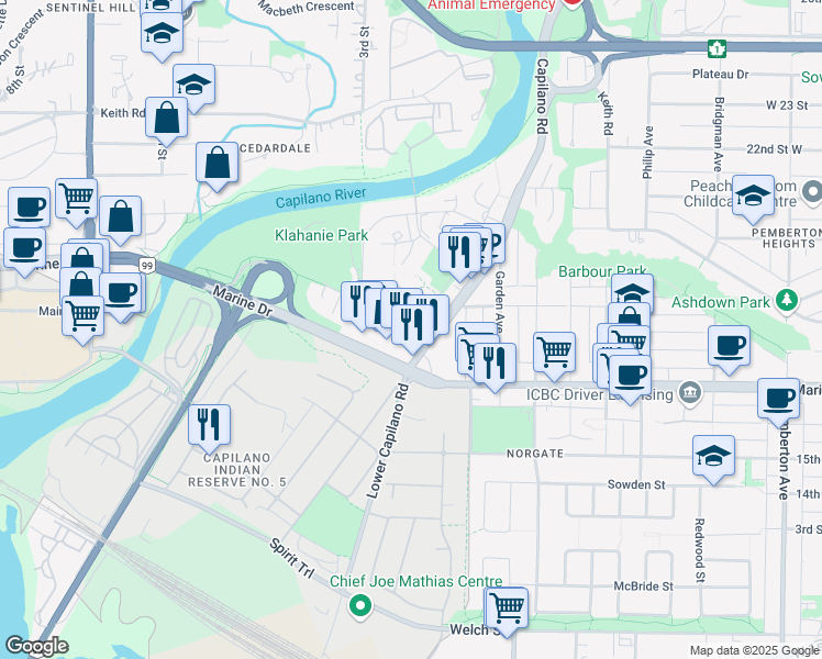 map of restaurants, bars, coffee shops, grocery stores, and more near 1675 Lions Gate Lane in North Vancouver