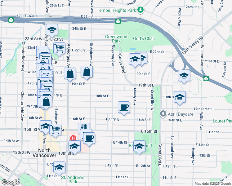 map of restaurants, bars, coffee shops, grocery stores, and more near 408 18th Street East in North Vancouver