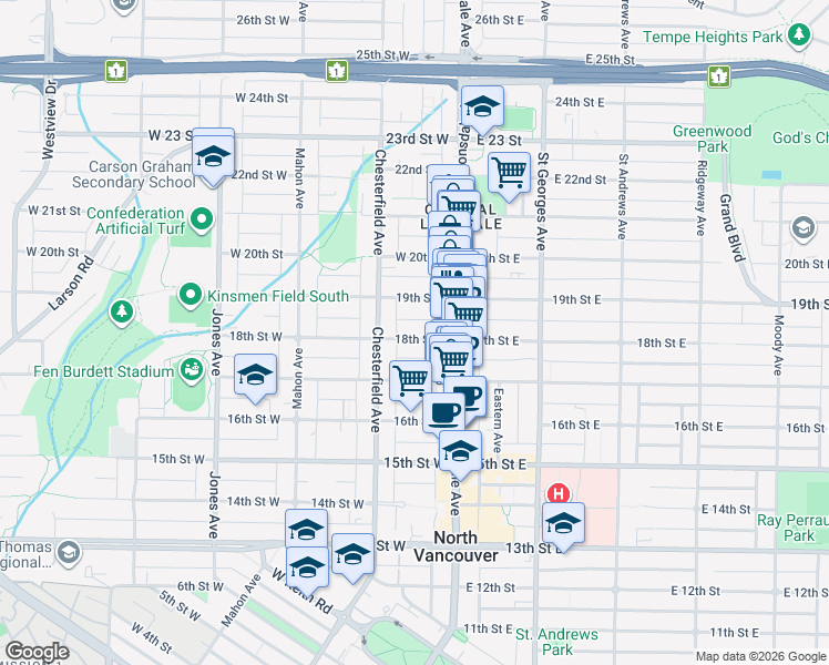 map of restaurants, bars, coffee shops, grocery stores, and more near 138 18th Street West in North Vancouver