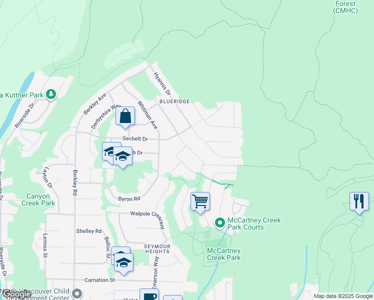 map of restaurants, bars, coffee shops, grocery stores, and more near 2041 Tompkins Crescent in North Vancouver