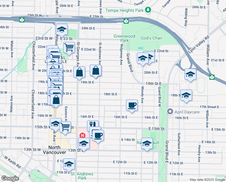 map of restaurants, bars, coffee shops, grocery stores, and more near 342 18th Street East in North Vancouver