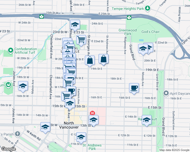 map of restaurants, bars, coffee shops, grocery stores, and more near in North Vancouver